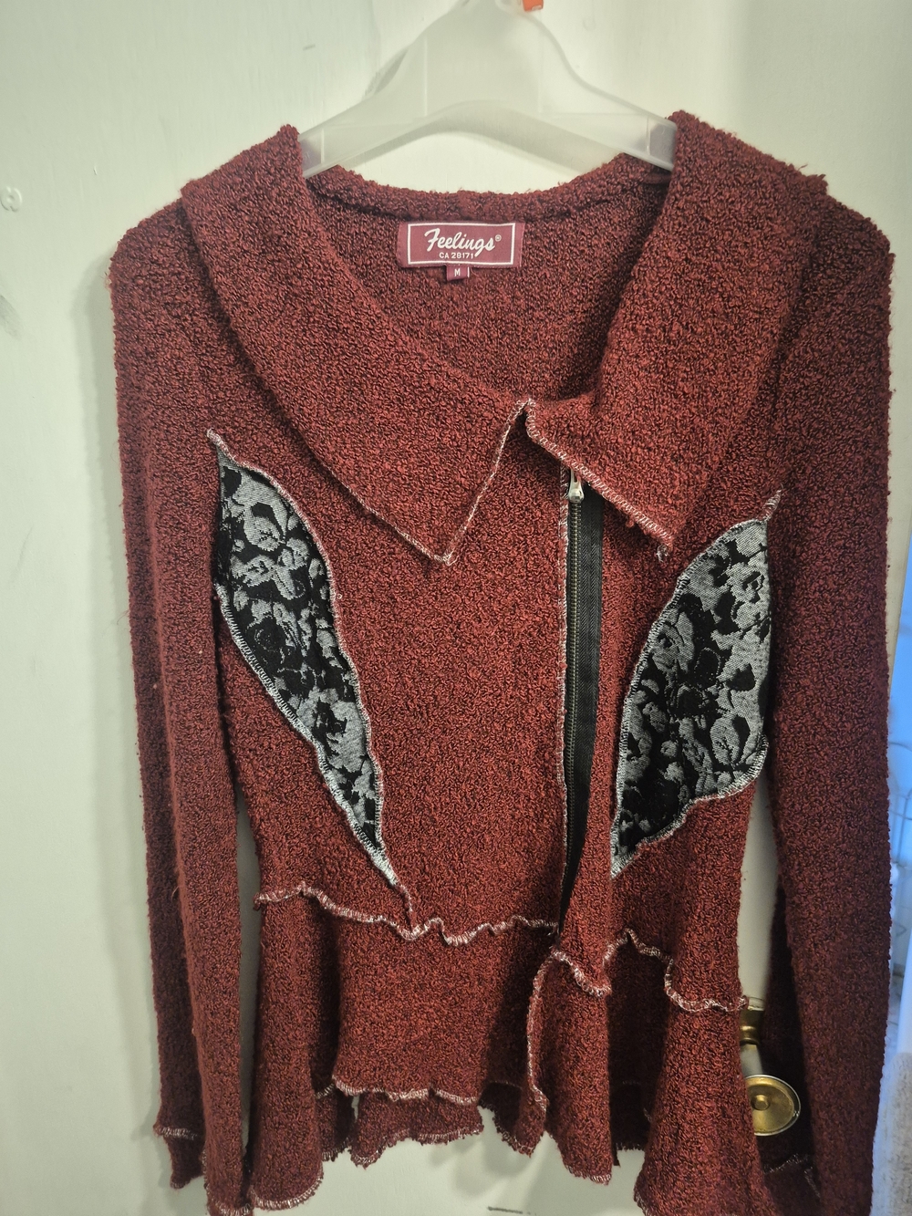 Women's Burgundy Textured Zip Jacket with Lace Accents